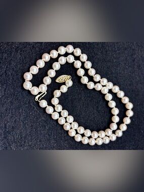 Vintage Cultured Pearl Necklace 6mm 18.5" Knotted 14K Gold Filigree Clasp.